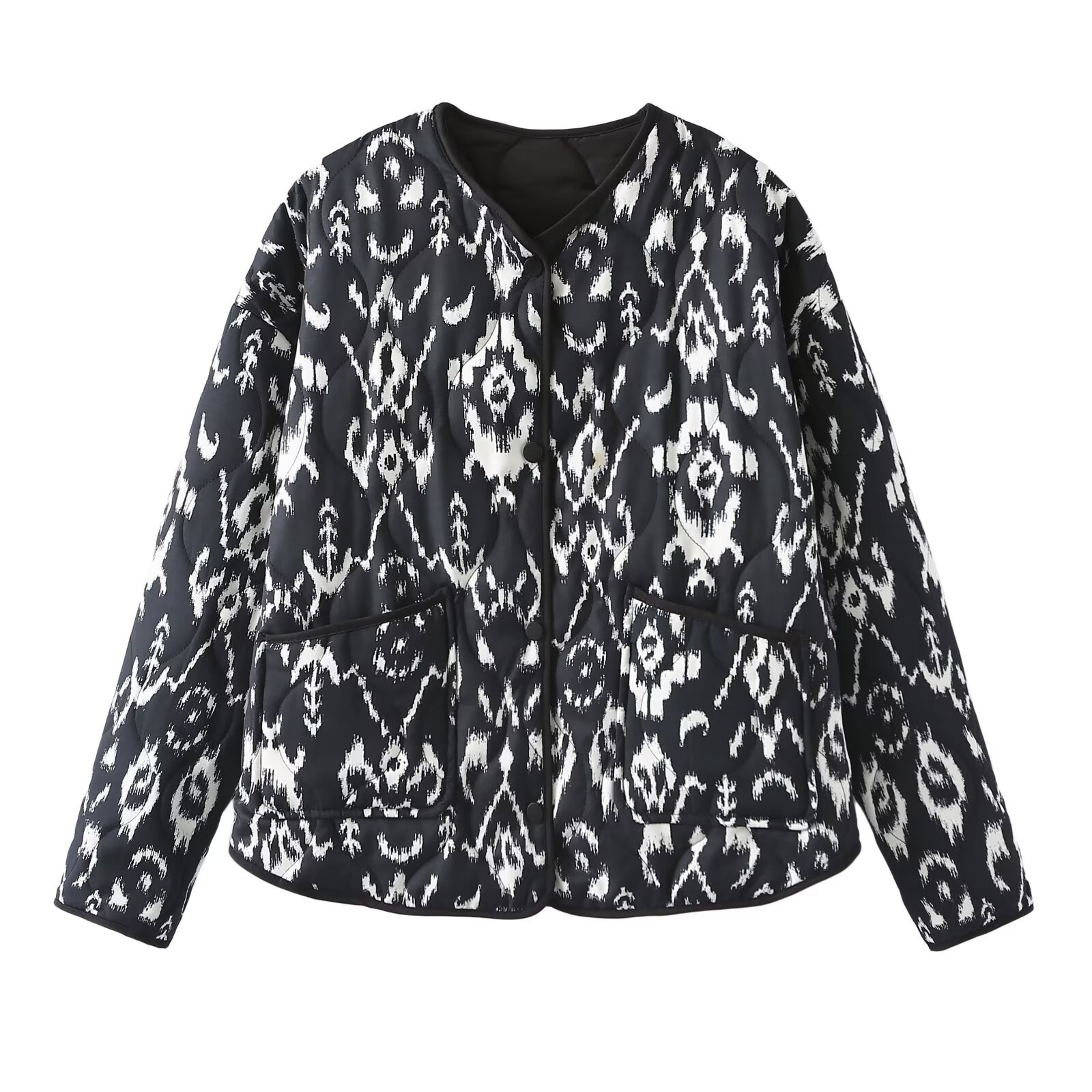 Women's retro collarless pocket printed quilted loose cotton jacket - Image 6