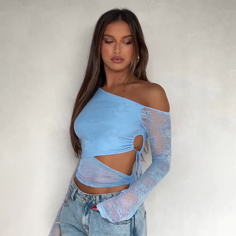 Sexy One Shoulder Hollow Perspective Long Sleeve T-shirt for Women - Image 5