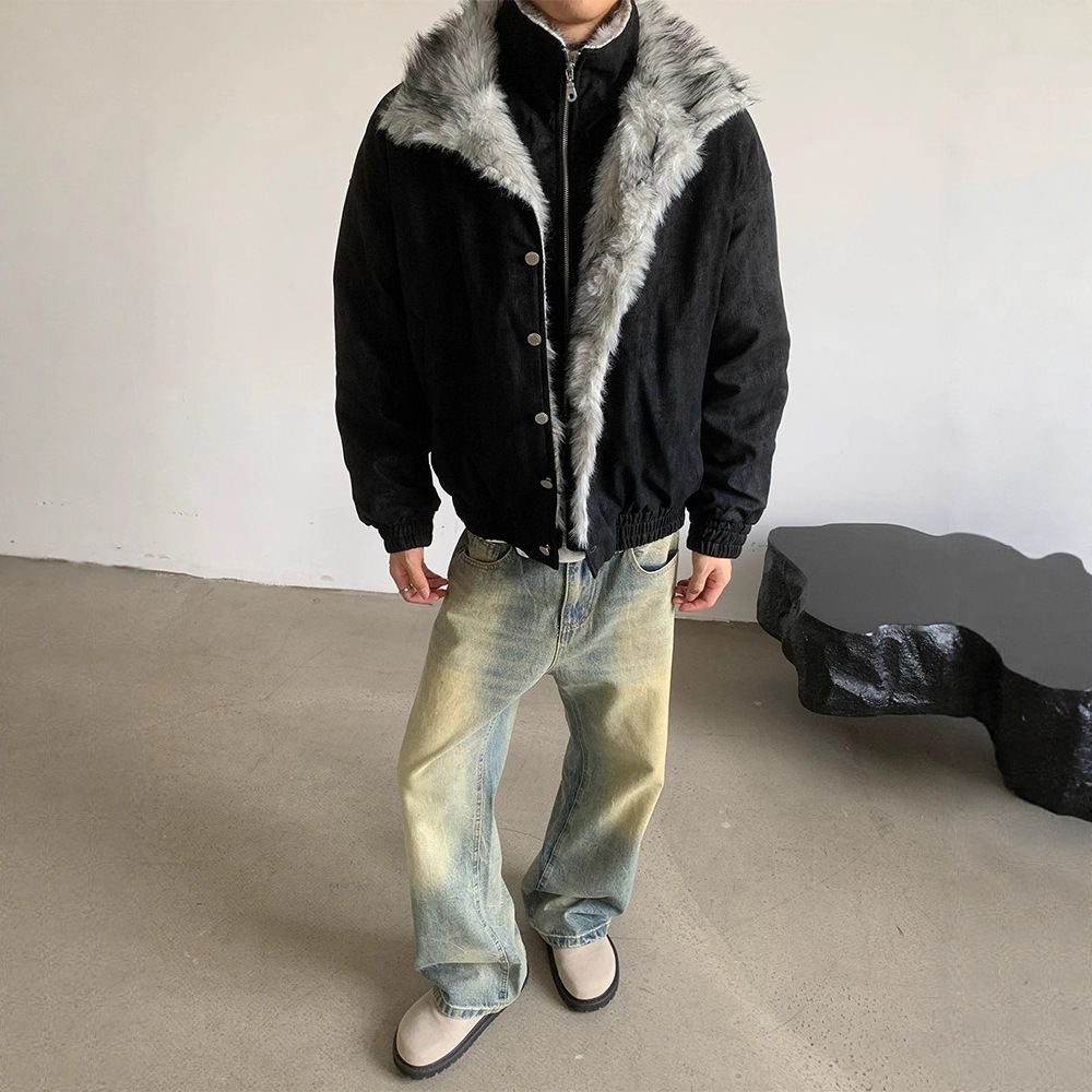 Wolf King Seat Mountain Eagle Cotton Coat Men's Winter Style False Two-Piece Double-Layer Fur Collar Cotton Jacket Lined Thick Short Outerwear - Image 3