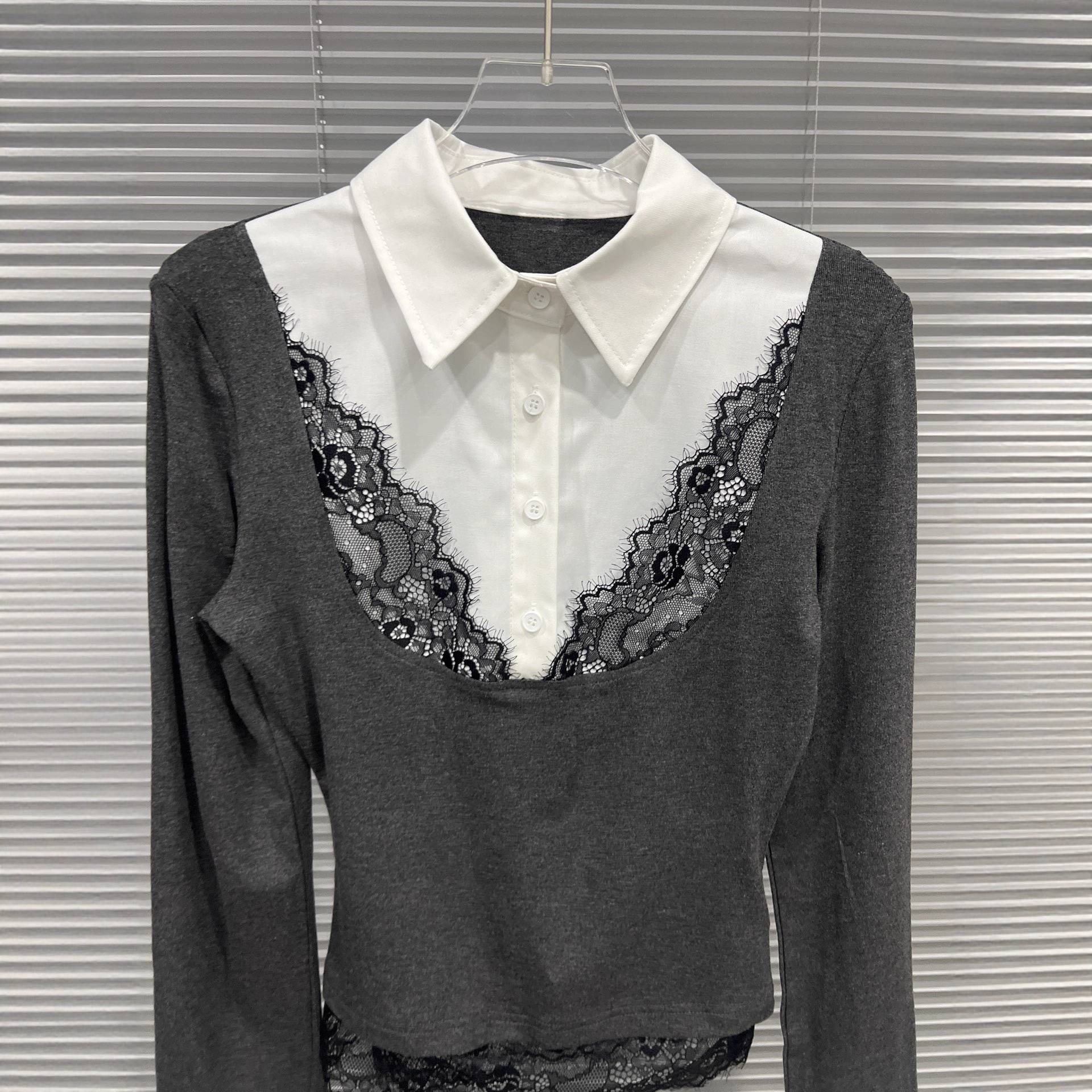 Fake two lace patchwork polo collar long sleeves - Image 5