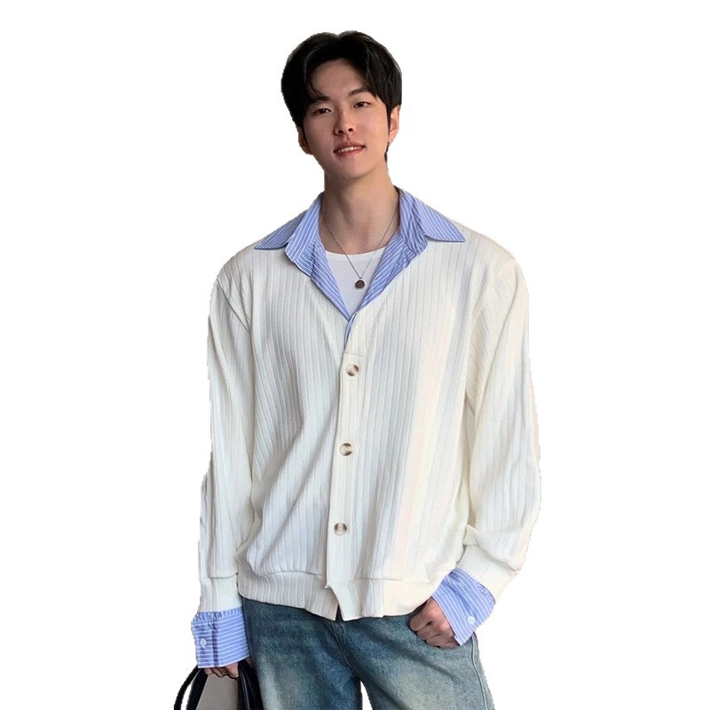 Miu-style False Two-Piece Knit Cardigan for Men Winter Elegant Casual and Commute Sweater Shirt Jacket - Image 5