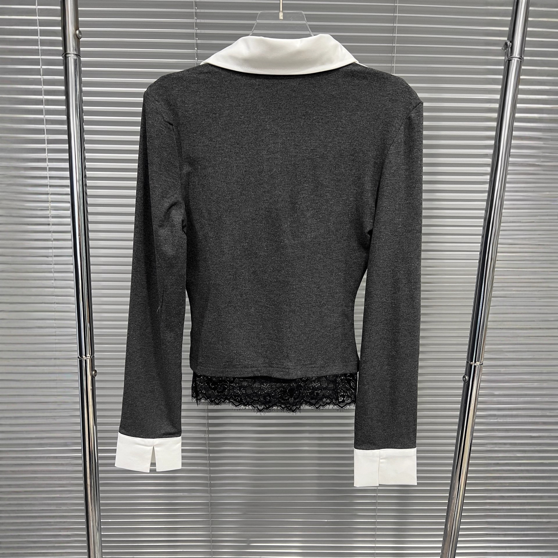 Fake two lace patchwork polo collar long sleeves - Image 3