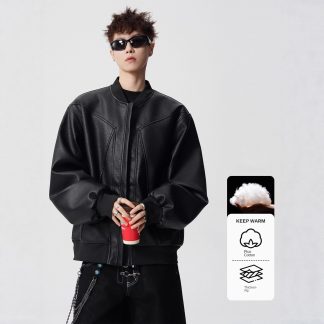 Style Patchwork Baseball Collar Jacket for Men and Women Loose Casual Cotton-Padded Outerwear High Street Streetwear Stand-Up Collar Leather Jacket