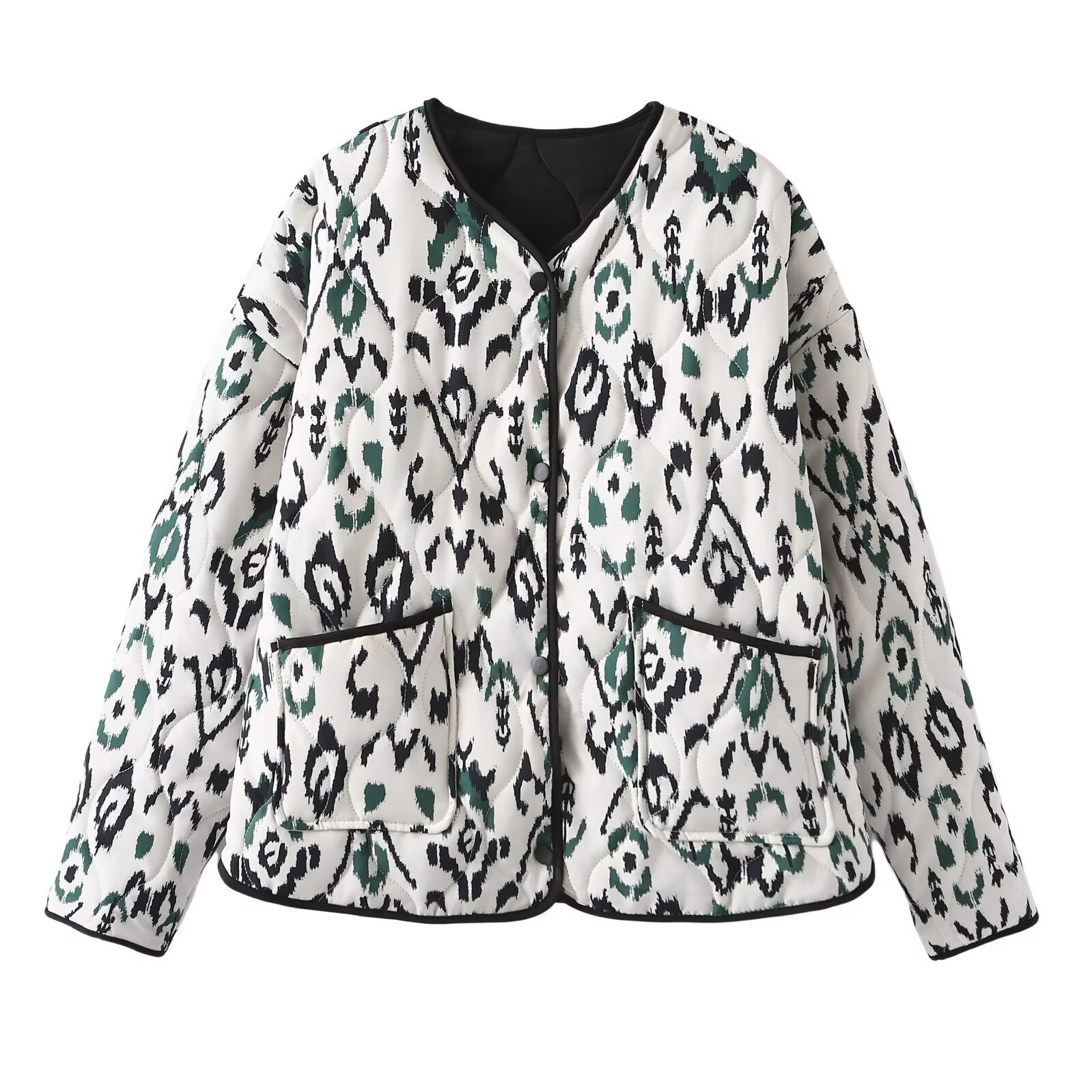 Women's retro collarless pocket printed quilted loose cotton jacket - Image 4