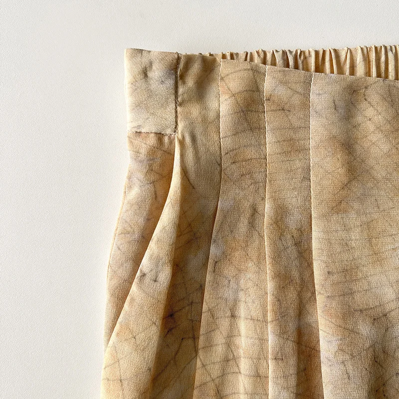 Spanish Niche Cor @ Pink Orange Line Printed Elastic Waist Pleated Silk Wide Leg Pants - Image 4