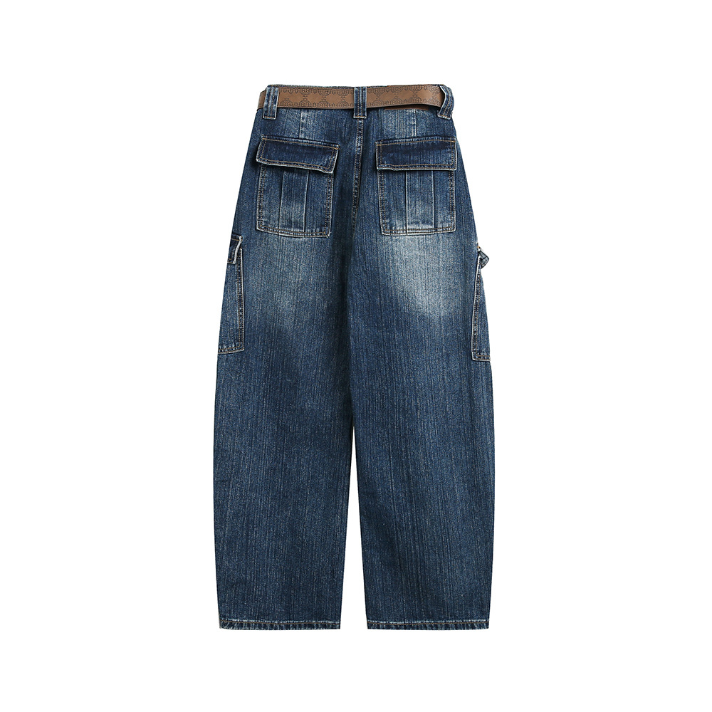 Multi-Pocket Loose Straight Leg Wide Leg Washed Cargo Denim Pants - Image 4