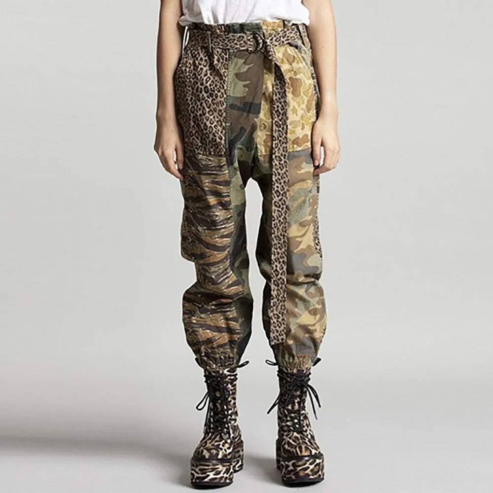 Leopard Print Splicing Mini Clashing Belt Decorative Leg Closure Fashion Cotton Nine Minute Pant - Image 4