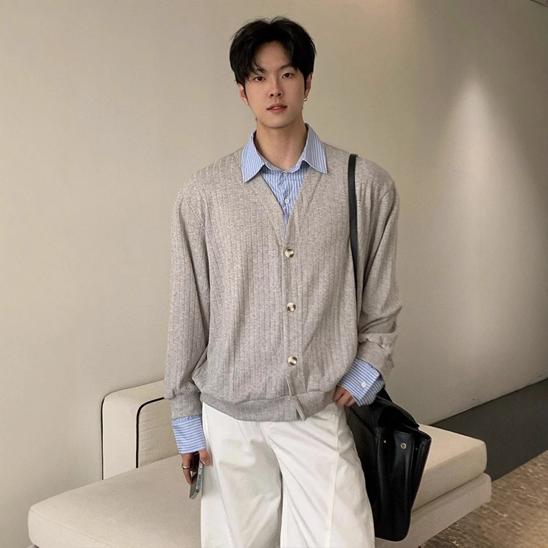 Miu-style False Two-Piece Knit Cardigan for Men Winter Elegant Casual and Commute Sweater Shirt Jacket - Image 3