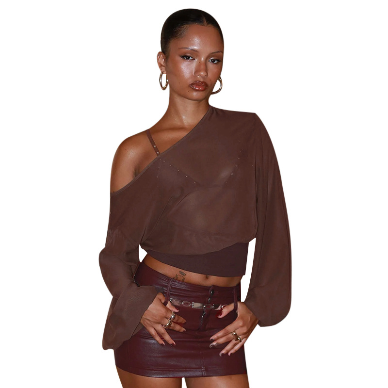 Sexy sloping shoulder long sleeved chiffon loose and versatile top for women - Image 6