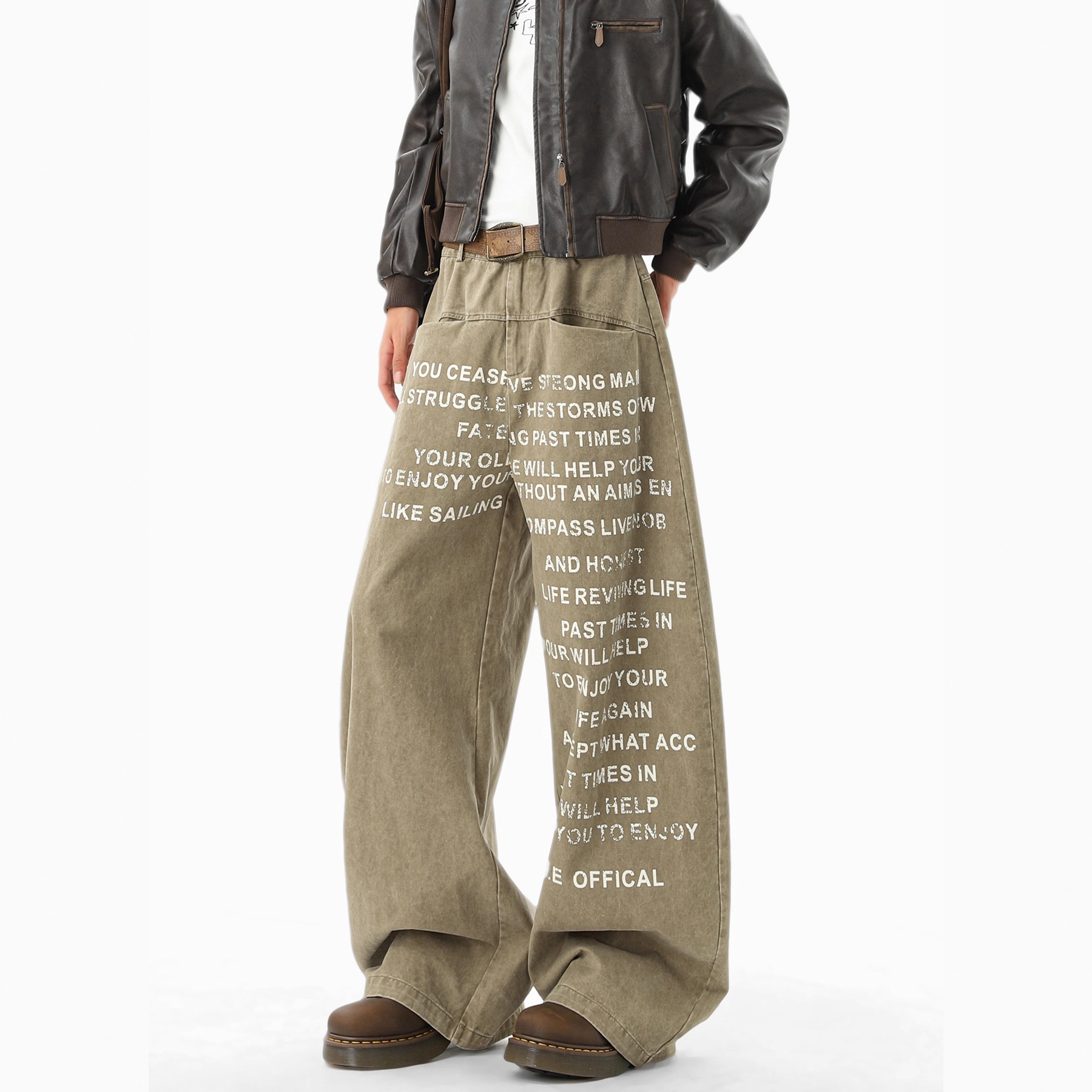 Khaki letter print casual pants, unisex autumn/winter design sense cargo wide-leg pants, loose floor-length pants - Image 4