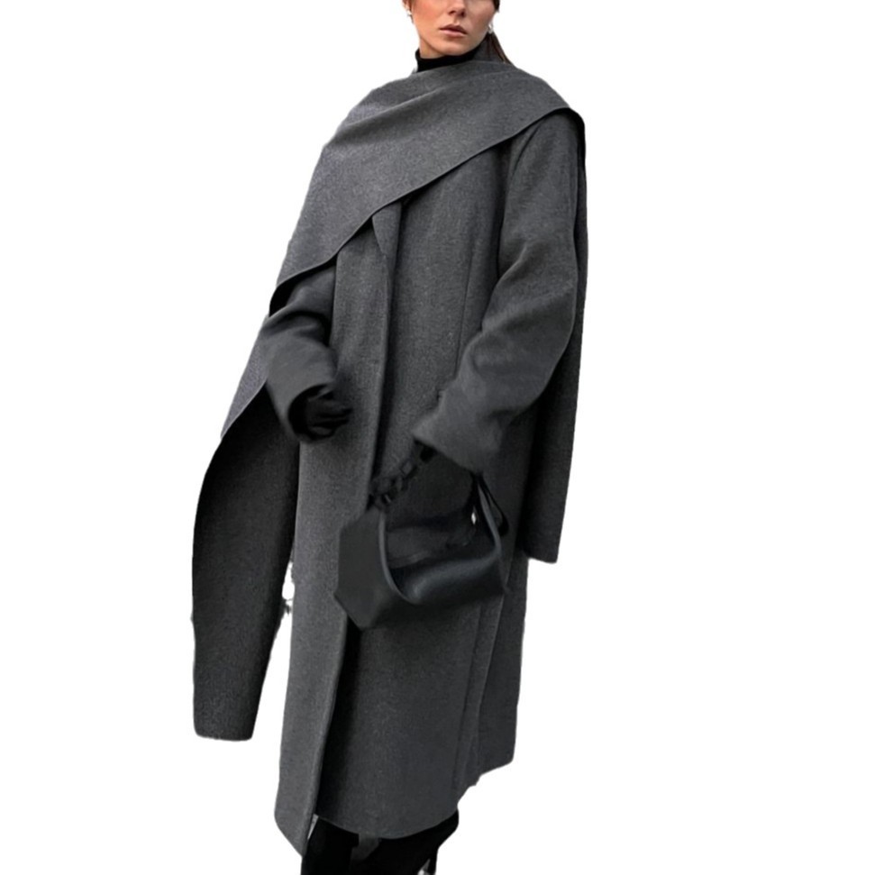 Scarf colla coat cloak long vintage coat gray fashion jacket - Image 5