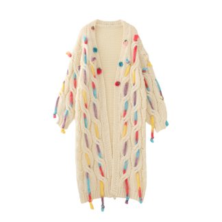 Heavy industry Fried Dough Twists twisted coarse needle hand knitting three-dimensional flower decoration medium length knitting cardigan coat for women