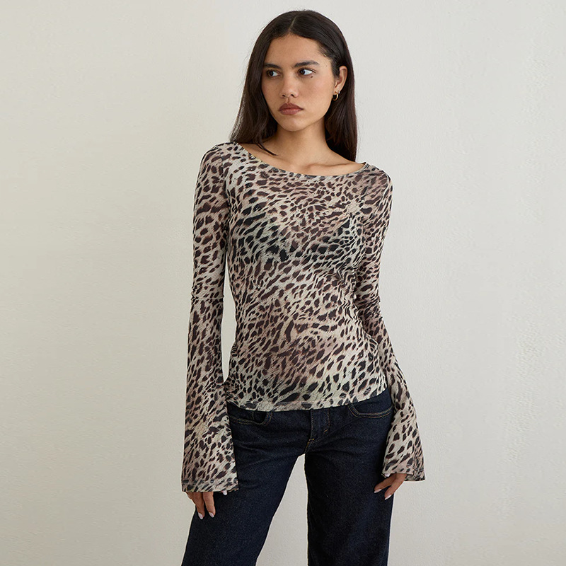 Sexy leopard print mesh slim fit versatile long sleeved top - Image 4
