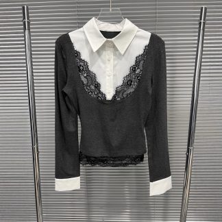 Fake two lace patchwork polo collar long sleeves