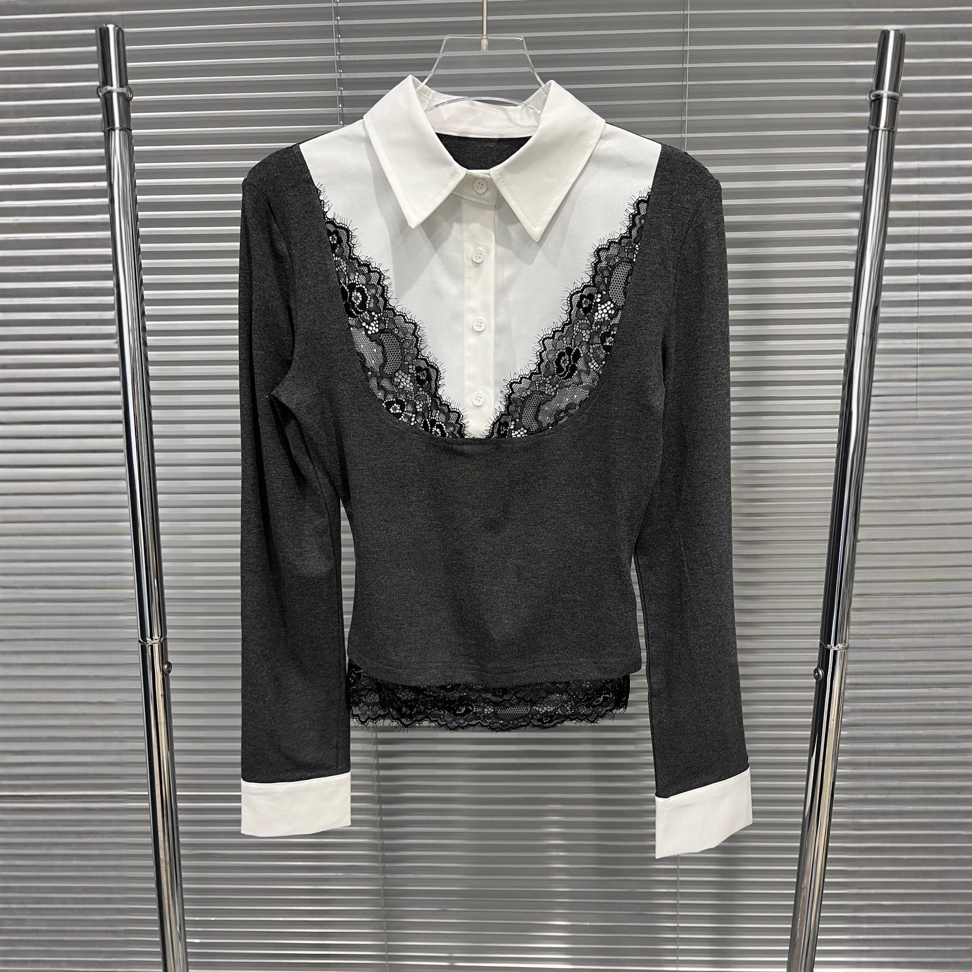 Fake two lace patchwork polo collar long sleeves