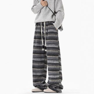 Laid-back Style High-Drape Color-Blocking Casual Pants for Men and Women Vintage Striped Trousers, Streetwear Oversized Wide-Leg Pants