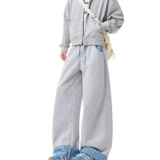 Plaid Patchwork Casual Pants Men Women Winter Vintage Hip Hop Sports Long Pants High Street Trendy Wide Leg Pants