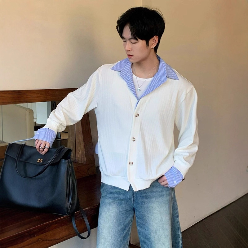 Miu-style False Two-Piece Knit Cardigan for Men Winter Elegant Casual and Commute Sweater Shirt Jacket