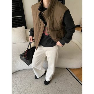 Compass Lightweight Reversible Plaid Casual Stand-Up Collar Drawstring Hem Cotton Vest Coat