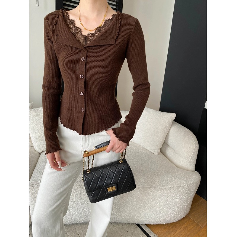 Gentle Atmosphere False Two-Piece Lace Spliced Ruffled Collar Fitted Knit Sweater - Image 7