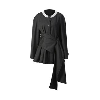 Irregular small suit with round neck contrasting color waist cinching and ribbon suit jacket