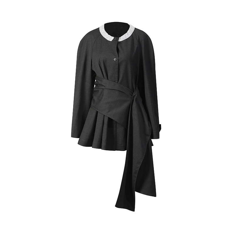 Irregular small suit with round neck contrasting color waist cinching and ribbon suit jacket