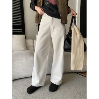 Trendy Panel Design High-Waisted Loose Wide-Leg Plus Velvet Denim Pants