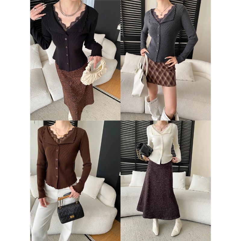 Gentle Atmosphere False Two-Piece Lace Spliced Ruffled Collar Fitted Knit Sweater - Image 2