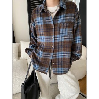 British Style Thick Brushed Vintage Plaid Color-Blocking Loose Casual Shirt Jacket