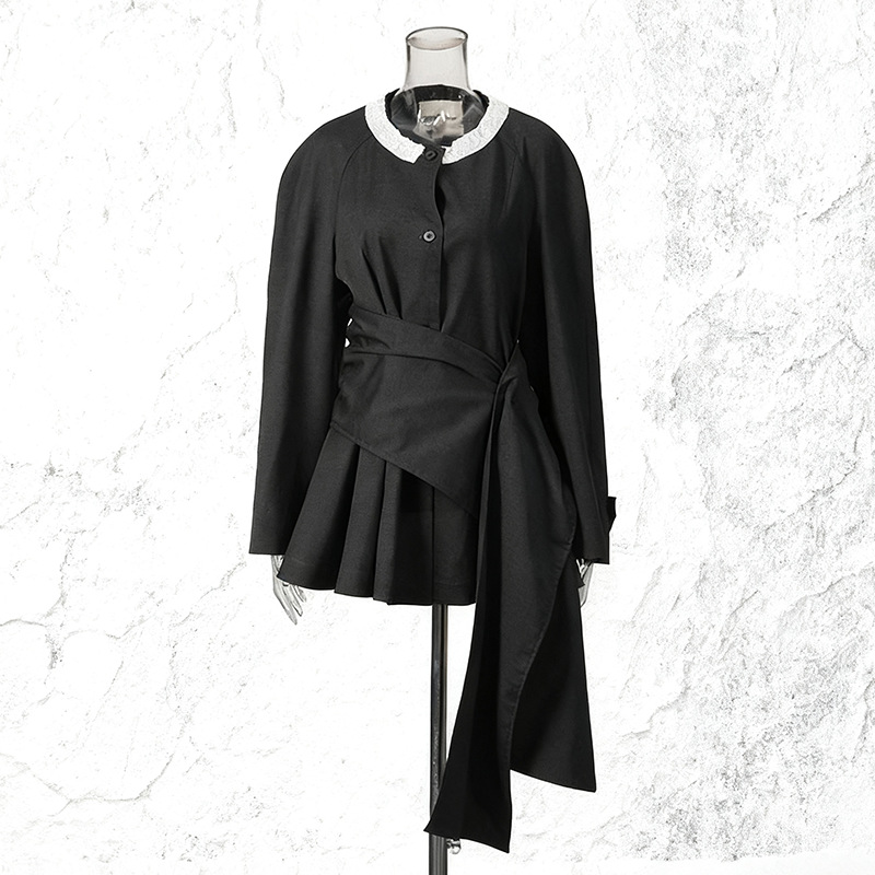 Irregular small suit with round neck contrasting color waist cinching and ribbon suit jacket - Image 2