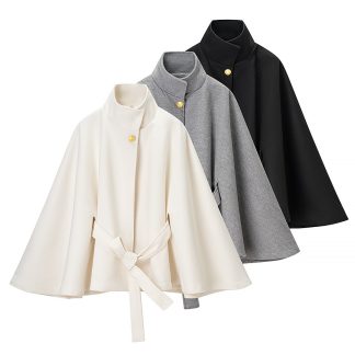 Stand up collar woolen single breasted long sleeved solid color jacket