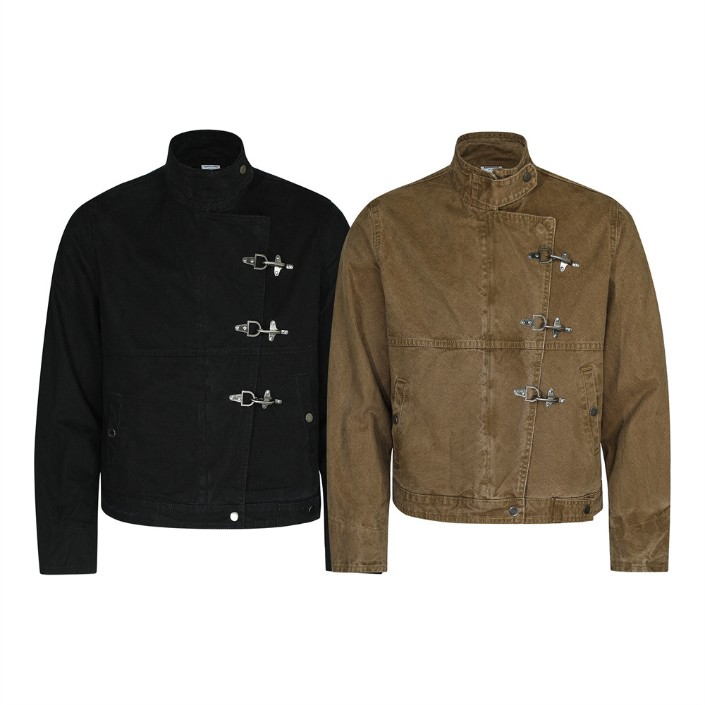 Urban Street Men's Jacket, Stand Collar Patchwork Coat, Casual Loose Fit Workwear Top - Image 3